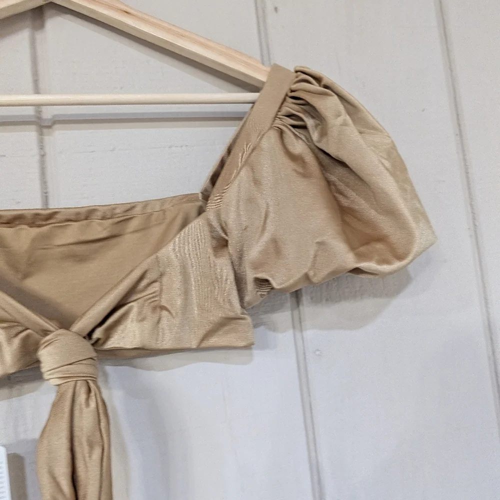 Agua‎ Bendita Free People Calista Puff Sleeve Bikini Top Gold NWT